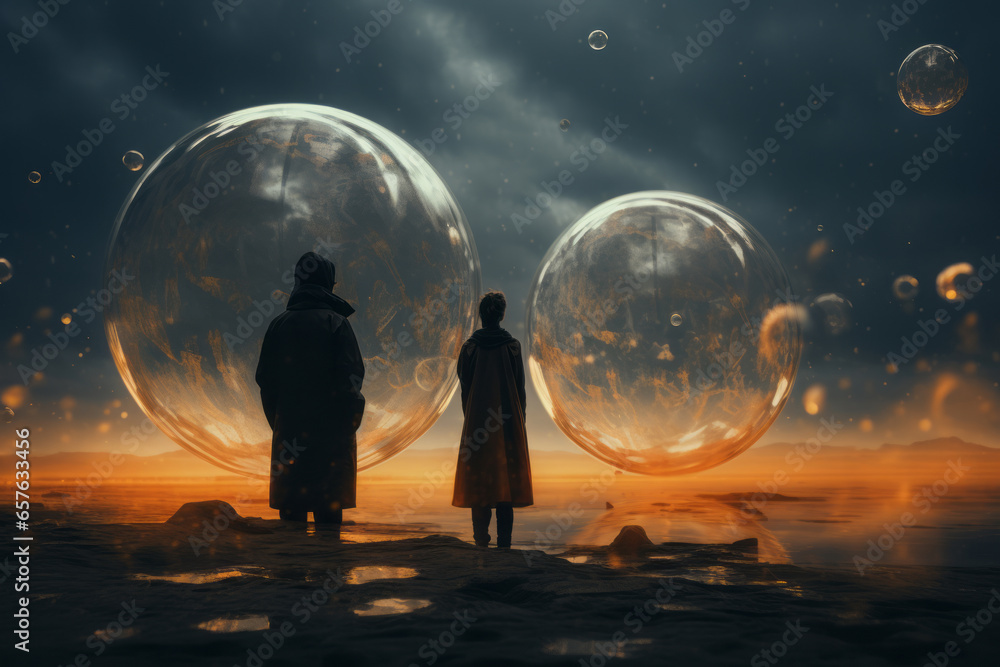 Two lovers in weird science fiction world landscape with giant bubbles in the air - obrazy, fototapety, plakaty 