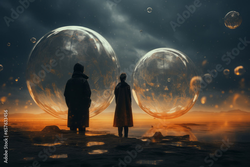 Two lovers in weird science fiction world landscape with giant bubbles in the air