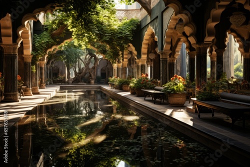 Peaceful mosque courtyard with a central fountain and lush greenery  Generative AI
