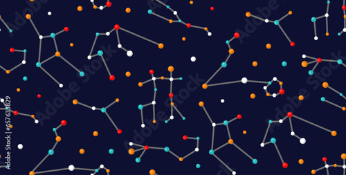 Seamless pattern of zodiacal constellations.Horoscope signs on dark background, Flat vector illustration.