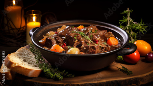 beef stew simmered to perfection, served in a white dish, garnished with rosemary. Accompanied by rustic bread and set against a festive backdrop