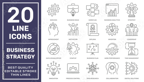 Business Strategy Line Icons. The set contains icons: Business Strategy, Solution, Briefcase, Workflow, Startup, Research and etc. Editable Stroke. EPS 10