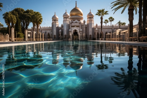 Reflection of a mosque in a calm  reflective pool  Generative AI.