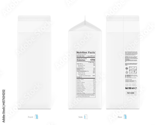 Packaging box for milk, juice with nutrition facts mockup. Vector illustration isolated on white background. Front, rare and side view. Ready and simple to use for your design. EPS10.