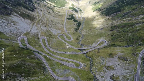 Scenic drone footage of Transfagarasan, Romania. Fascinating aerial views of landscape, mountains, rocks and road.