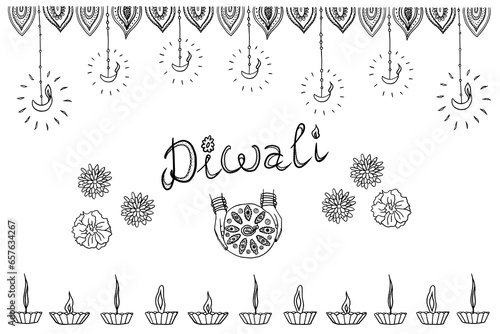 Beautiful poster of Diwali festival objects and symbols. Flowers, lit candles, lit candles in hands, fire and lettering. 