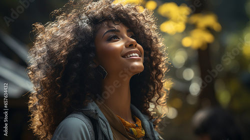 Smiling Afro Woman with curly hair breathing fresh air © jorge