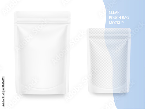 Clear pouch bag mockup. Vector illustration isolated on white background. Front view. Can be use for template your design, presentation, promo, ad. EPS10.