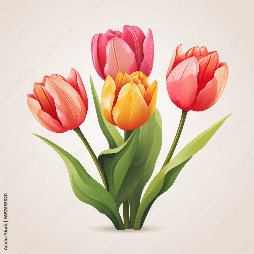 Fototapeta premium Bouquet of red tulips on white background. Vector illustration.