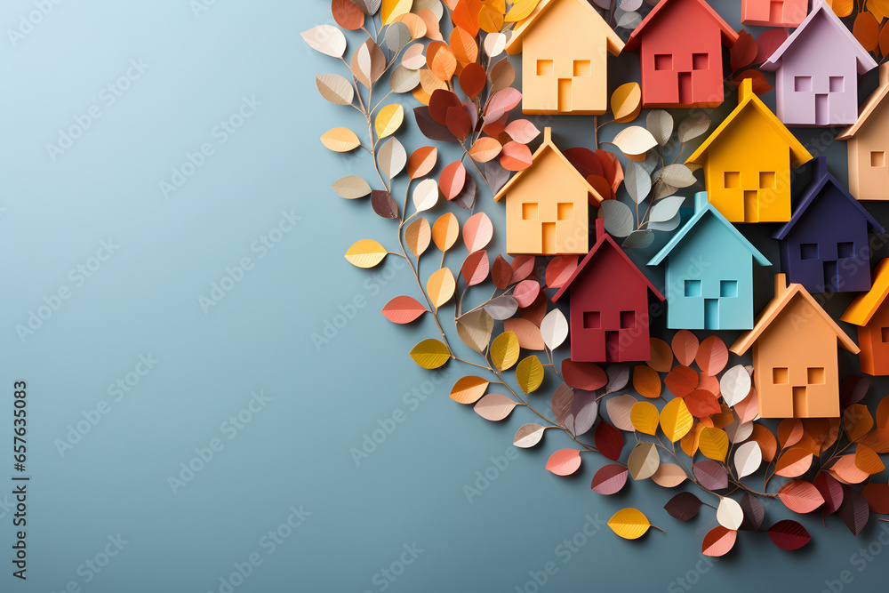 Colorful paper house on pastel pea background.