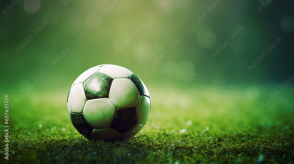 Football - for soccer - on green grass field.