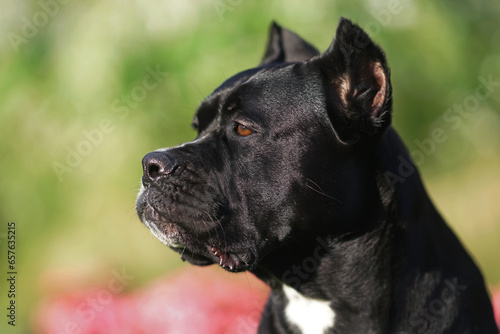 Bild auf Leinwand The portrait of a serious black Cane Corso dog with cropped ears posing outdoors