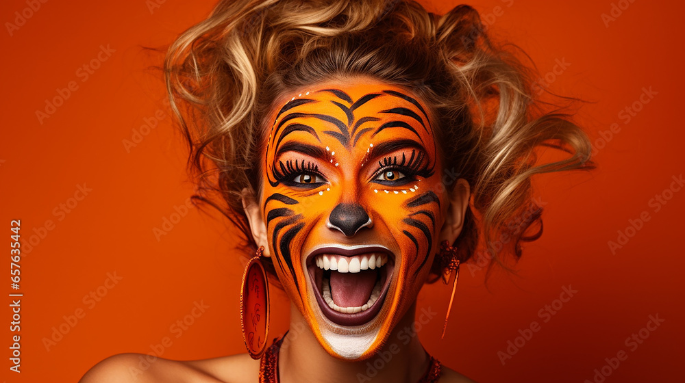 Mulher engraçada fitness bory com pintura de rosto de tigre em fundo laranja Mulher engraçada fitness bory com pintura de rosto de tigre em fundo laranja