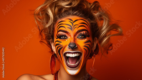 Mulher engraçada fitness bory com pintura de rosto de tigre em fundo laranja