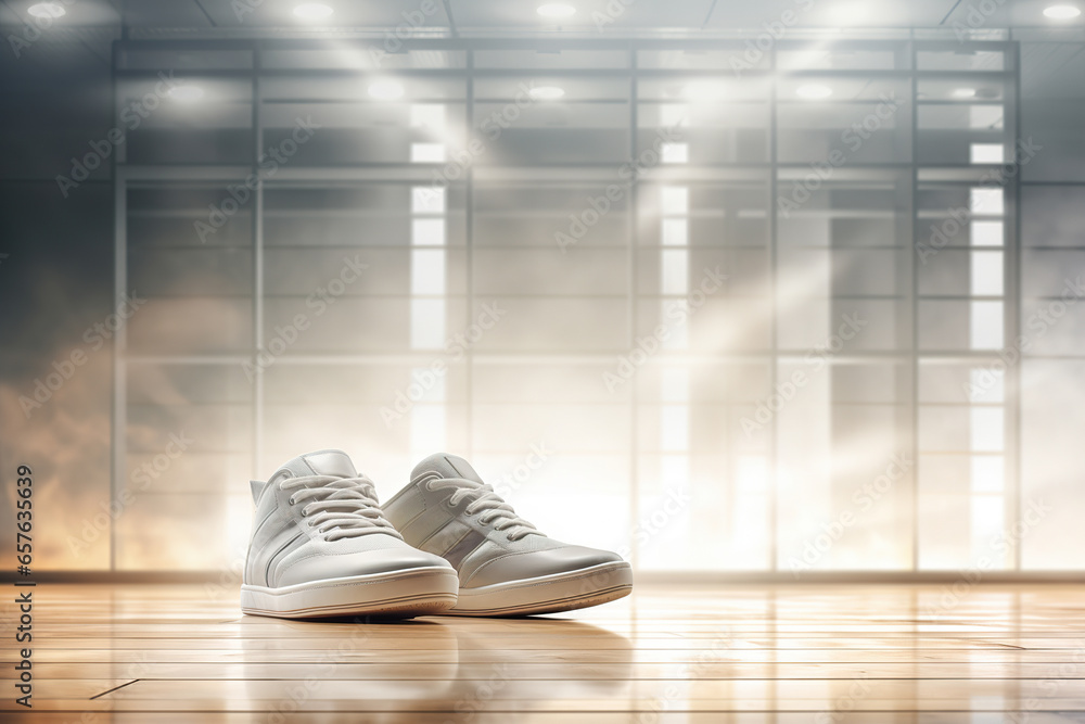 White sneakers on a wooden floor with a blurred background of bokeh lights White sneakers on a wooden floor with a blurred background of bokeh lights