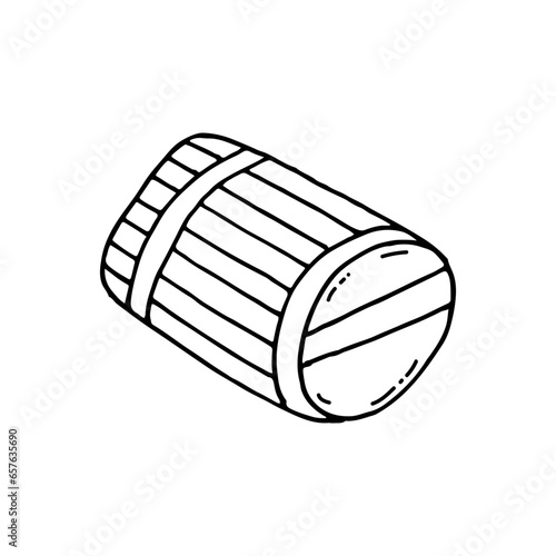 Wooden barrel for aging drinks and transporting them. Doodle. Vector illustration. Hand drawn. Outline.