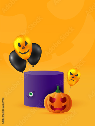 A cylindrical podium or plinth on a minimum stage area. Mockup studio for product presentation, branding design. Halloween background. Vector