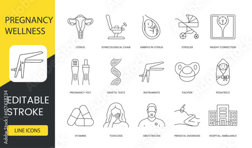 Enhance medical and pregnancy content with our editable stroke icons. Includes pediatrics, prenatal diagnosis, Genetics, and more. Vector icons for web and design