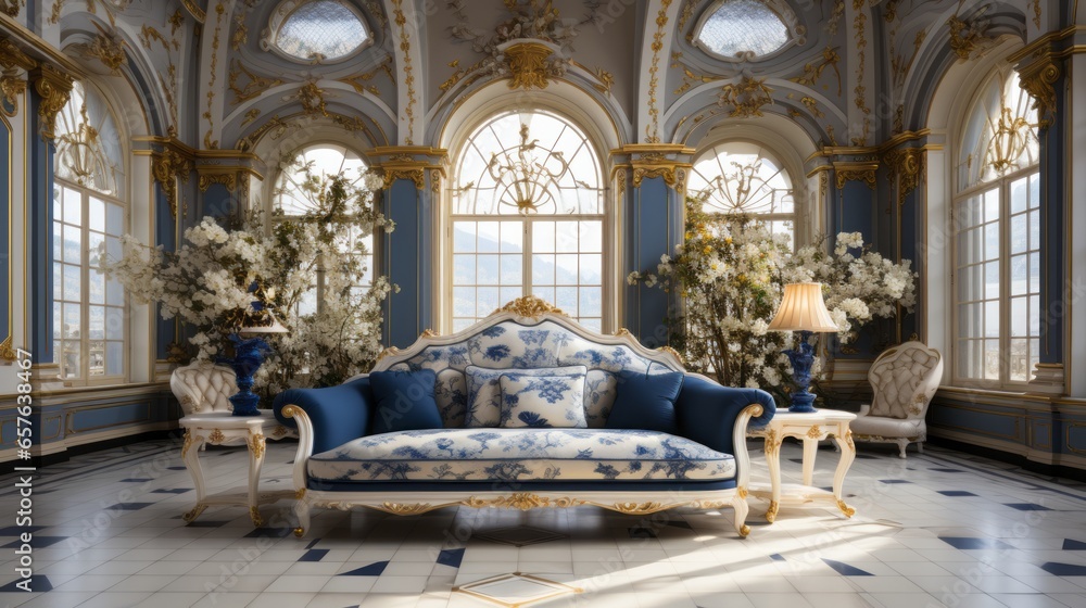 Fototapeta premium Color palette of royal blue, gold, and ivory in a living room, interior design, rococo baroque