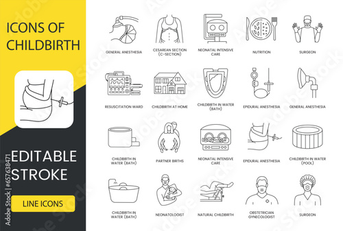 Unique icons for obstetrics, gynecology, and neonatology. Including childbirth, cesarean section, epidural anesthesia, and neonatal intensive care. Ideal for medical professionals.