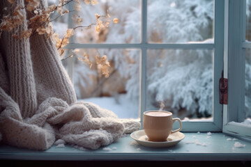 Cup of coffee on the windowsill in cozy room, winter scene outside the window