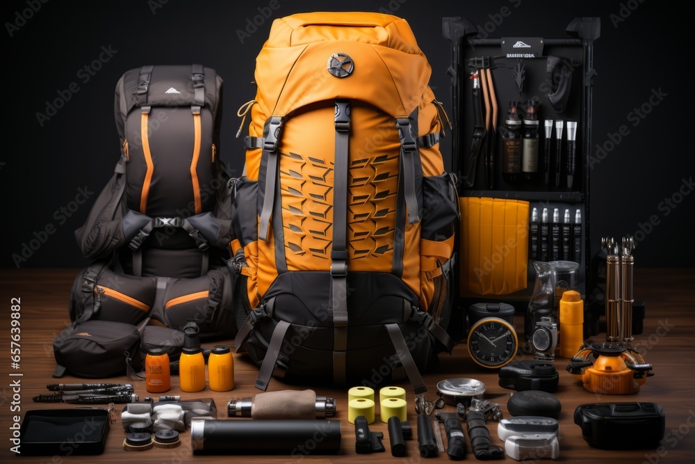 Backpacker's kit with a backpack, hiking boots, and travel accessories, Generative AI Backpacker's kit with a backpack, hiking boots, and travel accessories, Generative AI