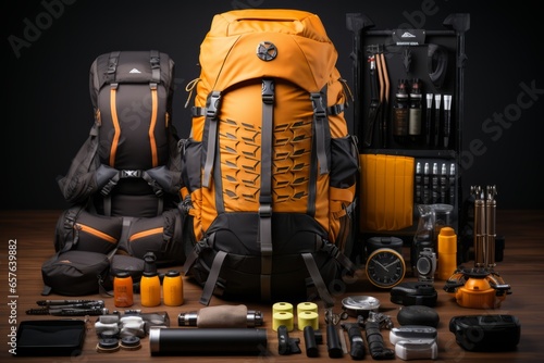 Backpacker's kit with a backpack, hiking boots, and travel accessories, Generative AI