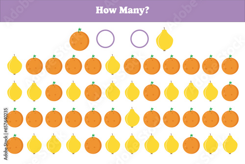 How many fruit are there? Educational math game for kids. Printable worksheet design for preschool, kindergarten or elementary kids.