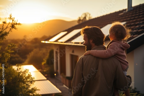 Father and Daughter Admire Their Solar-Powered Home at Sunset