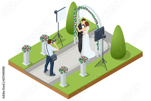 Isometric Wedding photo shoot with dress and suit. Professional photographer taking photo of wedding couple