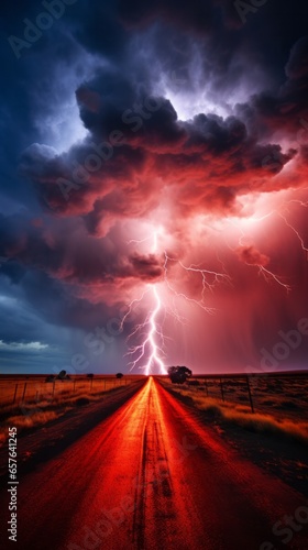 A lightning storm over a road in the middle of nowhere