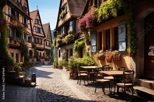  Charming Bavarian village with half-timbered houses and flower-filled window boxes  Generative AI