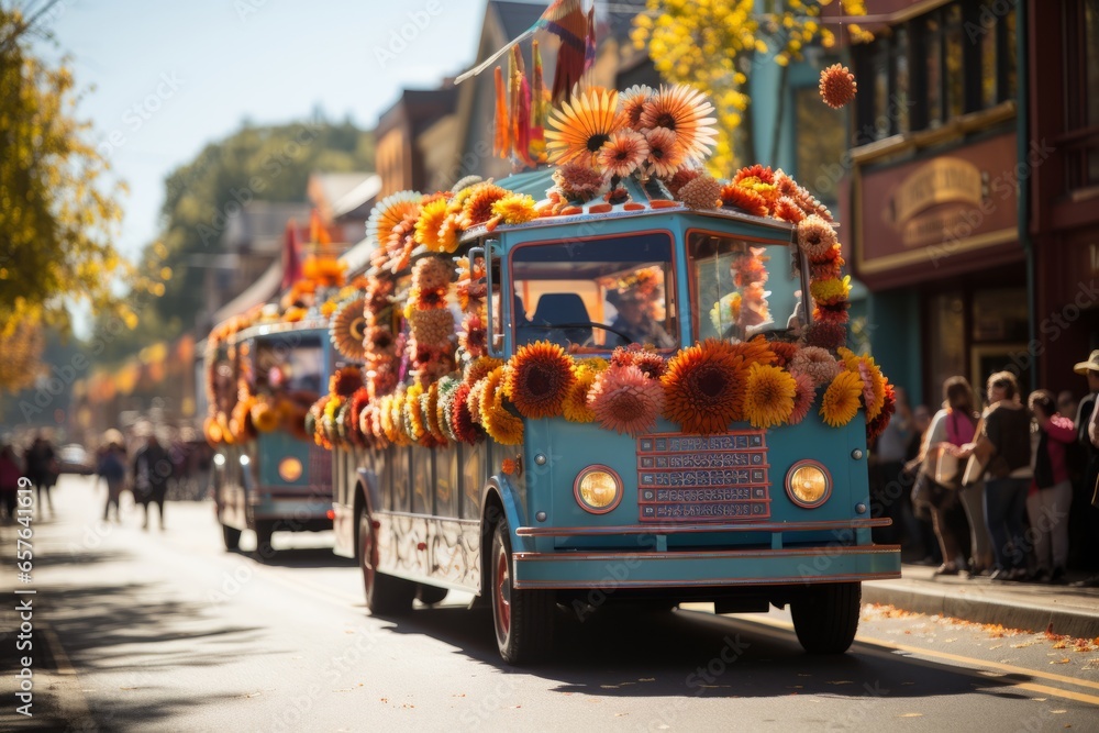 Colorful Oktoberfest parade featuring decorated floats, marching bands, and traditional costumes, Generative AI  - obrazy, fototapety, plakaty 