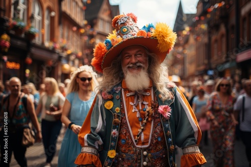Colorful Oktoberfest parade featuring decorated floats, marching bands, and traditional costumes, Generative AI  photo
