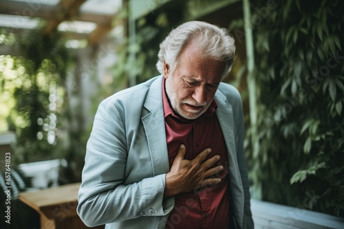 Urgent Distress: Man Clutching Chest in Acute Discomfort, Blurred Surroundings