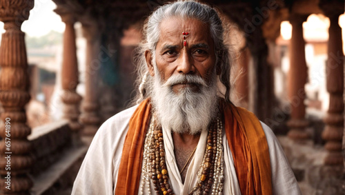 mystical hindu yogi man, temple in india, spiritual culture, traditional orange clothing, portrait