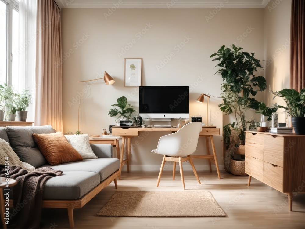 Fototapeta premium bedroom wooden furniture with computer desk, living room wooden furniture, Living room in modern style, Elegant interior of bedroom