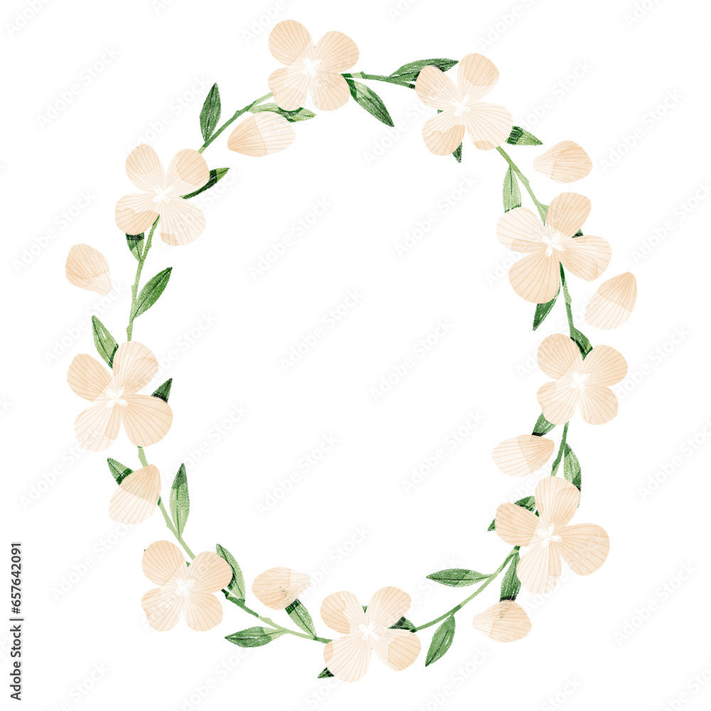 Floral wreath pink hydrangea flowers, green leaves and ferns. Floral illustration. Floral decoration for wedding, invitations, cards, wall art.