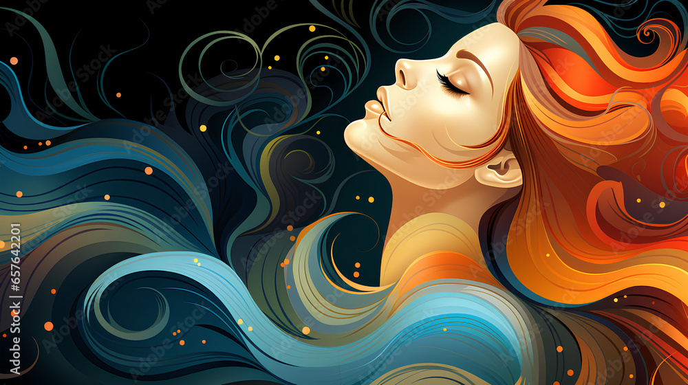 Woman profile with abstract fluid lines in motion from his head vector illustration