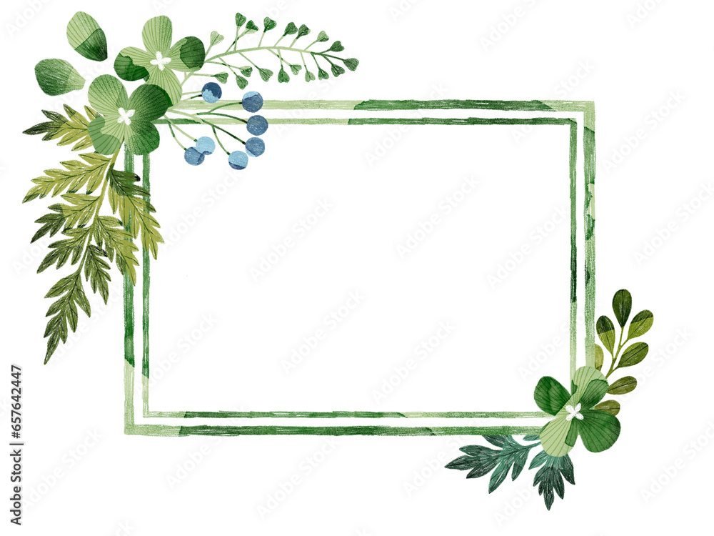 Floral frame with green hydrangea flowers, green leaves, berries and ferns. Floral illustration. Floral decoration for wedding, invitations, cards, wall art.