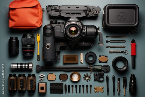 Travel photography kit with a camera, lenses, and tripod, Generative AI