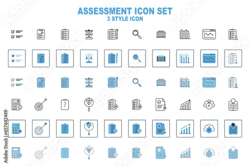 Assessment Icon Set Icon. Icon related to Assessment and Survey. Suitable for web site design, app, UI, user interfaces. Line, Solid, Flat line icon style. Simple vector design editable