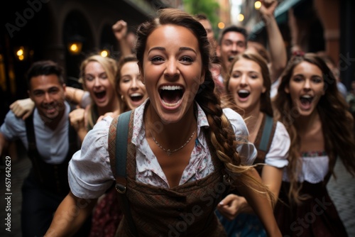  Joyful group of festival-goers wearing lederhosen and dirndls, Generative AI photo