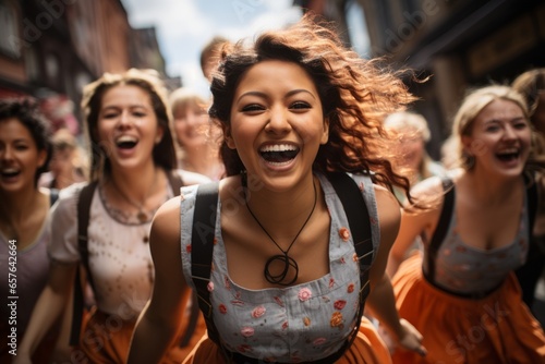  Joyful group of festival-goers wearing lederhosen and dirndls, Generative AI photo