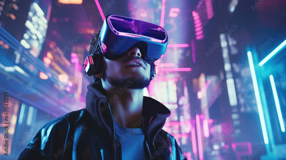 VR Metaverse Adventures: A Gamer Ventures into a Futuristic Cyber Gaming Universe Illuminated by Neon Ultraviolet Lights. - obrazy, fototapety, plakaty 
