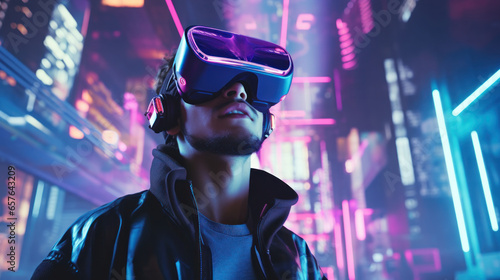 VR Metaverse Adventures: A Gamer Ventures into a Futuristic Cyber Gaming Universe Illuminated by Neon Ultraviolet Lights.