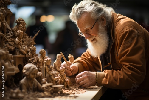 Skilled woodcarver creating intricate figurines at a craft booth  Generative AI