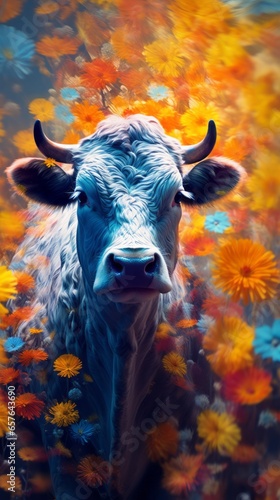 A painting of a cow surrounded by flowers