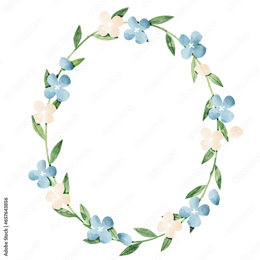Floral wreath with blue and pink hydrangea flowers, green leaves and ferns. Floral illustration. Floral decoration for wedding, invitations, cards, wall art.