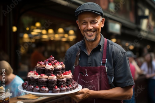 Vendor serving up slices of delectable Black Forest cake, Generative AI